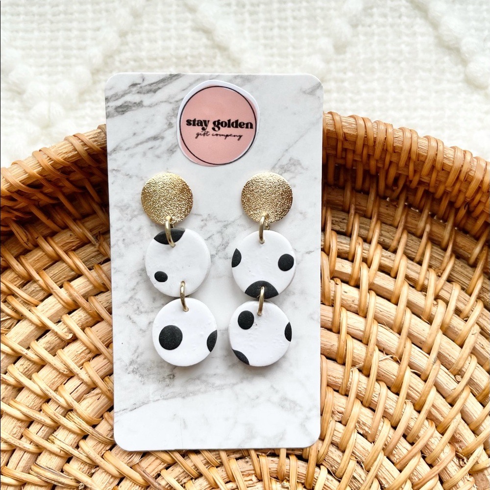 Handmade Polymer Clay Black & White Polka Dot Boho Drop Earrings - Picture 4 of 4